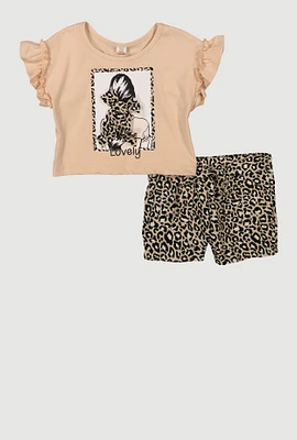 Toddler Girls Lovely Girls Leopard Print Tee and Shorts, Beige, Size 4T