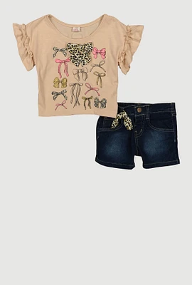 Toddler Girls Assorted Bows Graphic Tee and Denim Shorts, Multi, Size 3T