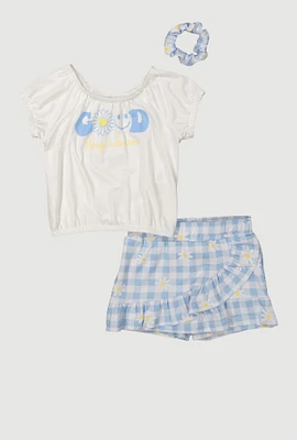 Toddler Girls Printed Pattern Graphic Tee and Plaid Skort, Blue,