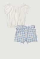 Toddler Girls Printed Pattern Graphic Tee and Plaid Skort, Blue,