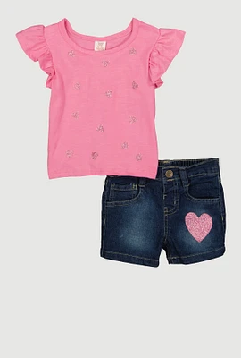 Toddler Girls Glitter Heart Graphic Tee and Denim Shorts, Pink, Size 2T