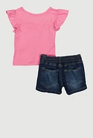 Toddler Girls Glitter Heart Graphic Tee and Denim Shorts, Pink, Size 2T
