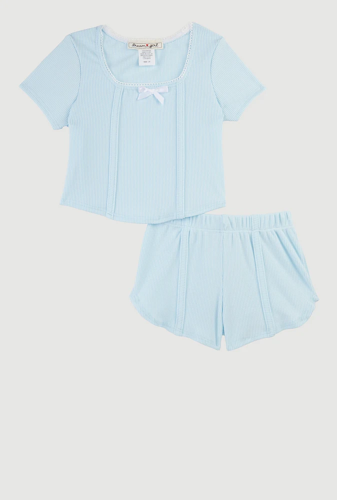 Toddler Girls Bow Detail Lace Trim Pintuck Top and Shorts, Blue, Size 4T