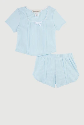 Toddler Girls Bow Detail Lace Trim Pintuck Top and Shorts, Blue, Size 4T