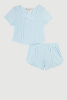 Toddler Girls Bow Detail Lace Trim Pintuck Top and Shorts, Blue, Size 4T