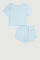 Toddler Girls Bow Detail Lace Trim Pintuck Top and Shorts, Blue, Size 4T