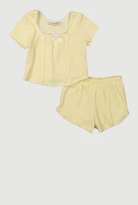 Toddler Girls Rib Knit Lace Trim Pintuck Top and Shorts, Yellow, Size 3T