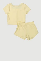Toddler Girls Rib Knit Lace Trim Pintuck Top and Shorts, Yellow, Size 3T