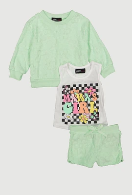 Toddler Girls Terry Cloth Sweatshirt and Shorts with Graphic Tank Top, Green, Size 2T