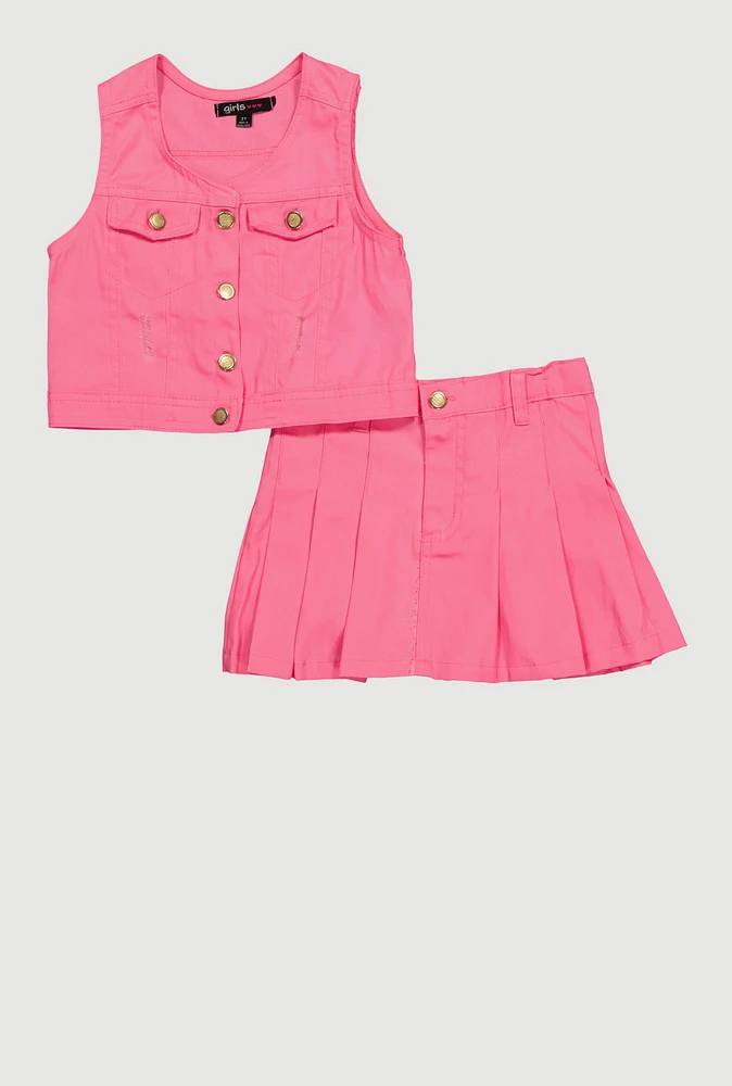 Stylish Button Front Vest and Pleated Skirt, Pink, Size 3T