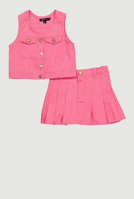 Stylish Button Front Vest and Pleated Skirt, Pink, Size 3T