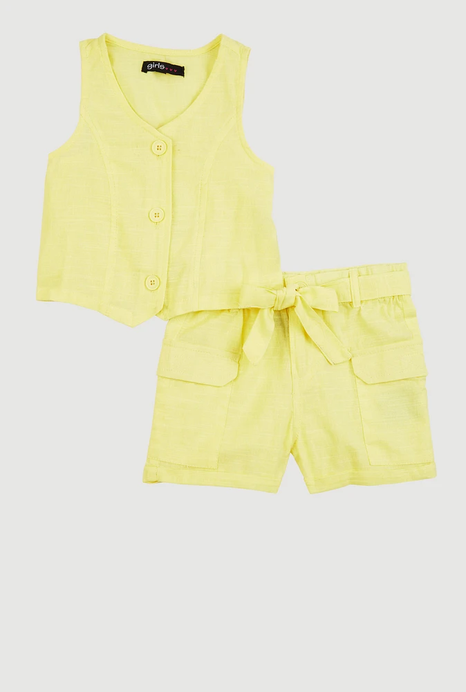 Toddler Girls Vest and Velcro Cargo Pocket Shorts, Yellow, Size 4T