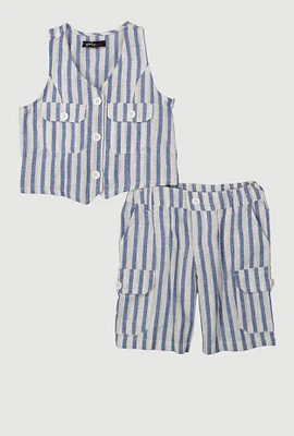 Toddler Girls Lurex Striped Vest and Cargo Bermuda Shorts, Blue, Size 3T