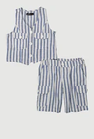 Toddler Girls Lurex Striped Vest and Cargo Bermuda Shorts, Blue, Size 3T