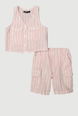 Toddler Girls Lurex Striped Vest and Cargo Bermuda Shorts, Pink, Size 4T