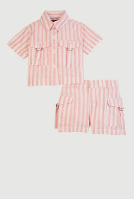 Toddler Girls Lurex Striped Shirt and Cargo Shorts, Pink, Size 2T