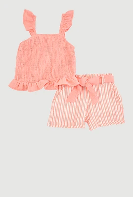 Toddler Girls Smocked Peplum Tee and Tie Waist Belt Shorts, 4T