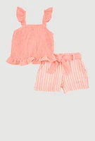 Toddler Girls Smocked Peplum Tee and Tie Waist Belt Shorts, 4T