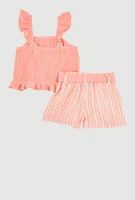 Toddler Girls Smocked Peplum Tee and Tie Waist Belt Shorts,