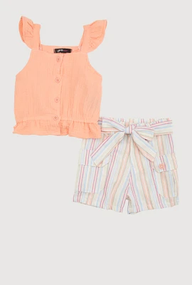 Toddler Girls Gauze Knit Ruffle Peplum Top and Striped Shorts Set, Multi,