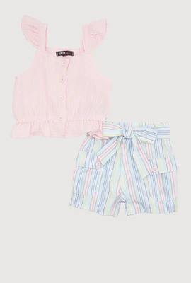 Toddler Girls Gauze Knit Ruffle Peplum Top and Striped Shorts Set, Multi, Size 2T