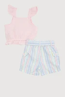 Toddler Girls Gauze Knit Ruffle Peplum Top and Striped Shorts Set, Multi,