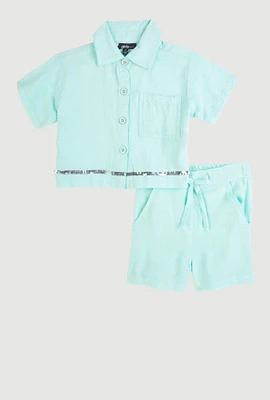 Toddler Girls Sequin Trim Button Front Shirt and Shorts, Blue,