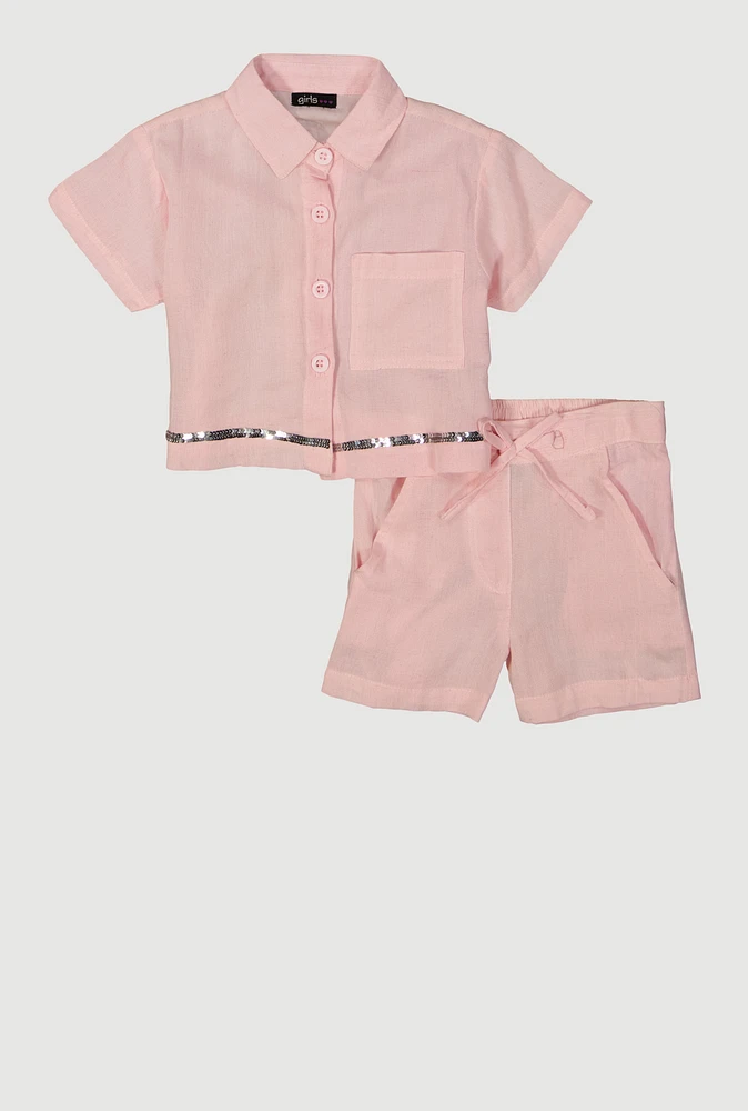 Toddler Girls Sequin Trim Button Front Shirt and Shorts, Pink, Size 2T