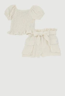 Toddler Girls Smocked Peplum Top and Cargo Shorts, White, Size 2T