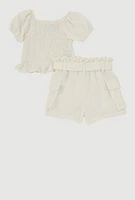Toddler Girls Smocked Peplum Top and Cargo Shorts, White, Size 2T