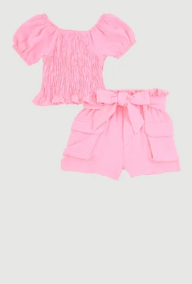 Toddler Girls Smocked Peplum Top and Cargo Shorts, Pink,