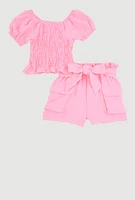 Toddler Girls Smocked Peplum Top and Cargo Shorts, Pink,