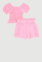 Toddler Girls Smocked Peplum Top and Cargo Shorts, Pink,