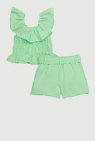 Toddler Girls Chic Crepe Knit Smocked Top and Tie Waist Belted Shorts,