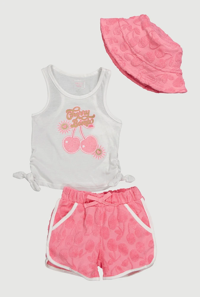 Toddler Girls Graphic Tank Top with Terry Cloth Shorts and Hat, Multi, Size 3T