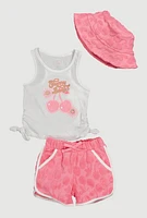 Toddler Girls Graphic Tank Top with Terry Cloth Shorts and Hat, Multi, Size 3T