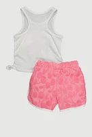 Toddler Girls Graphic Tank Top with Terry Cloth Shorts and Hat, Multi, Size 3T