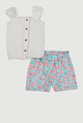 Toddler Girls Smocked Button Front Top and Linen Floral Shorts, Multi, Size 2T