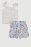Toddler Girls Smocked Button Front Top and Linen Floral Shorts, Multi, Size 2T