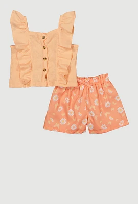 Toddler Girls Ruffle Button Front Top and Shorts, Orange, Size 2T