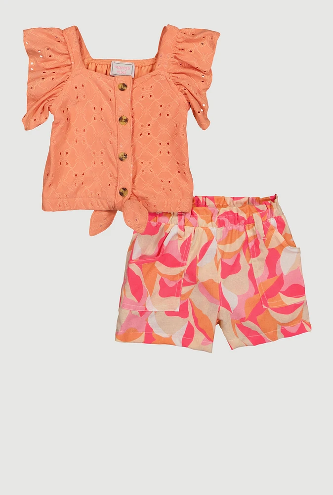 Toddler Girls Eyelet Flutter Sleeve Top and Shorts, Orange,