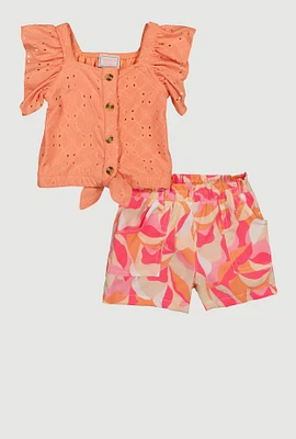 Toddler Girls Eyelet Flutter Sleeve Top and Shorts, Orange,