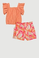 Toddler Girls Eyelet Flutter Sleeve Top and Shorts, Orange,
