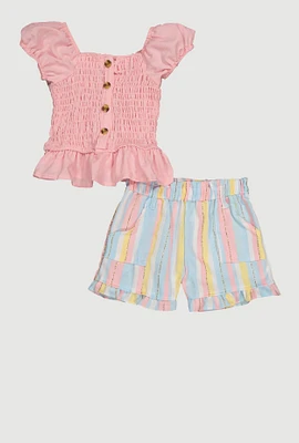 Toddler Girls Smocked Peplum Top and Stripe Shorts, Pink, Size 4T