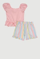 Toddler Girls Smocked Peplum Top and Stripe Shorts, Pink, Size 4T