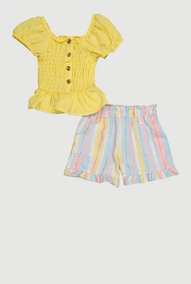 Toddler Girls Smocked Peplum Top and Lurex Stripe Shorts, Yellow, Size 3T