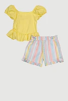Toddler Girls Smocked Peplum Top and Lurex Stripe Shorts, Yellow, Size 3T
