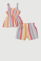 Toddler Girls Striped Tie Front Blouse and Shorts, Multi, Size 2T
