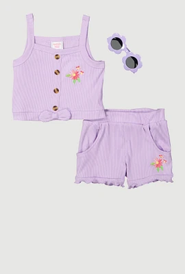 Toddler Girls Flower Detail Tank Top and Shorts with Sunglasses, Purple, Size 4T