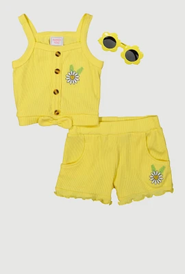 Toddler Girls Daisy Detail Tank Top and Shorts with Sunglasses, Yellow, Size 2T